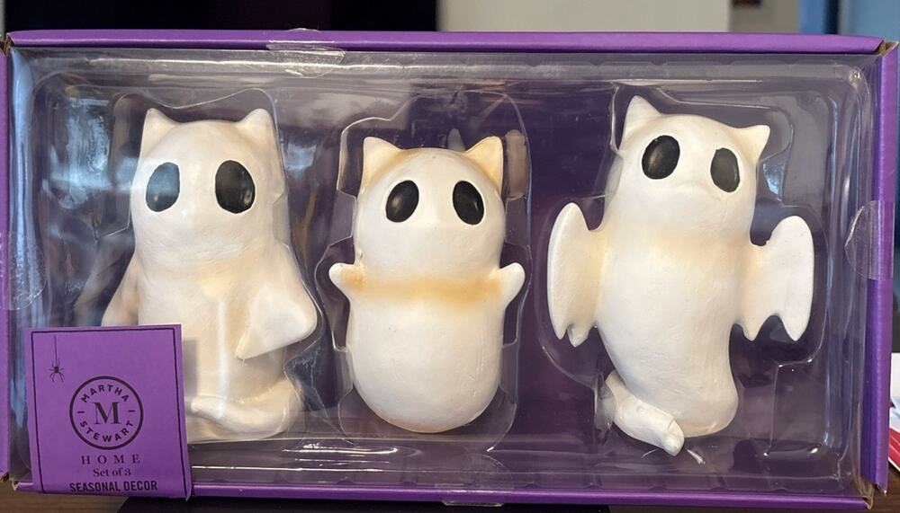 NIB Martha Stewart Spooky Cat Ghost Set Of 3 Halloween Figurines Fall Decor